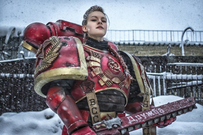 Female space marine cosplay Khelga Khromaya. 